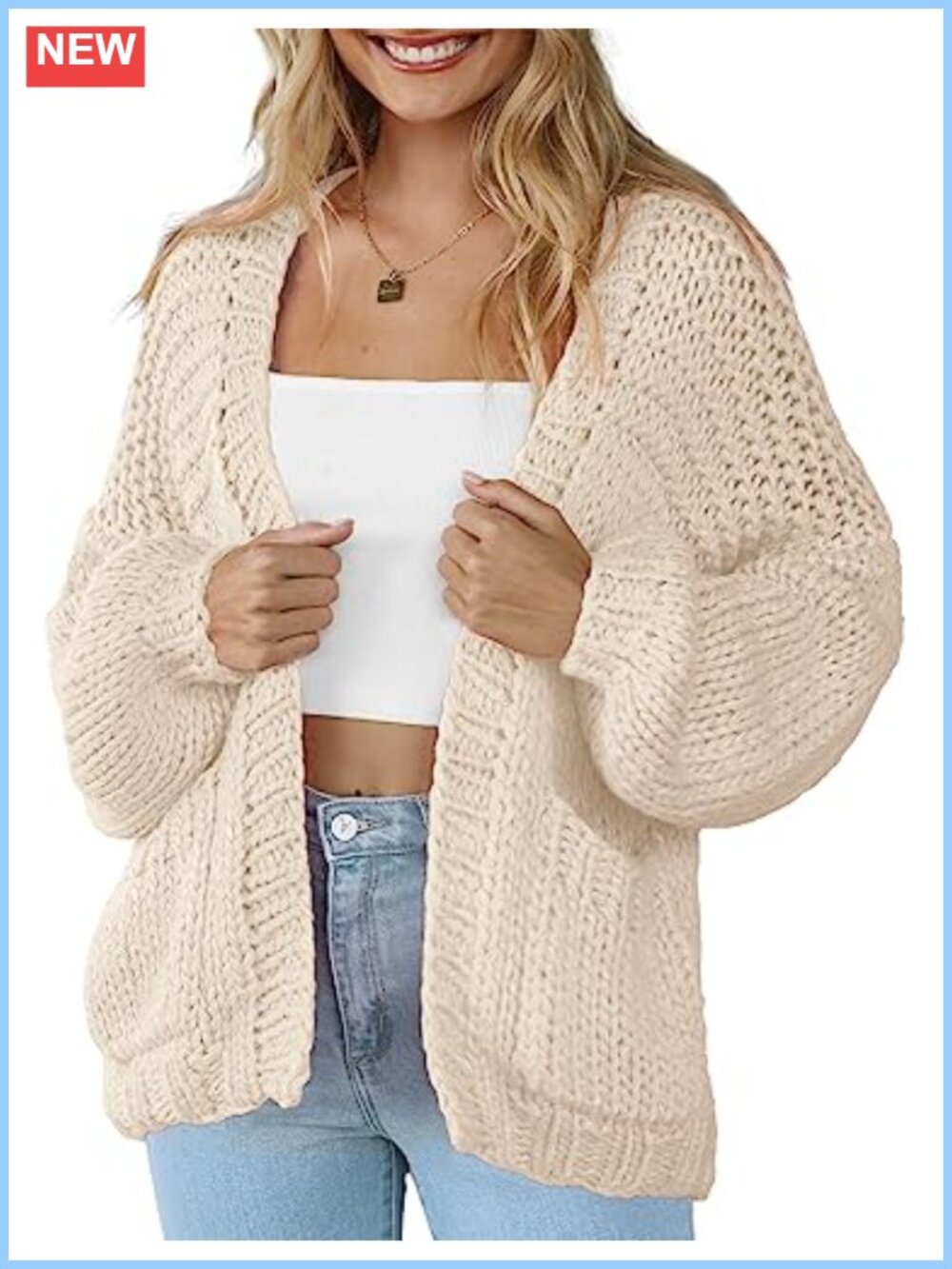 Cotton Blend Open Front Cardigan Lantern Sleeve Loose Fit Pockets Casual